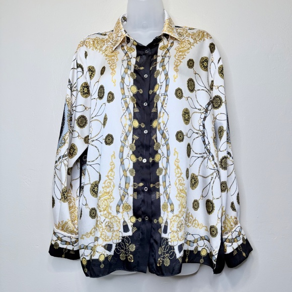 ZARA | Monogram Baroque Chain Pattern Button Front Collared Long Sleeve Blouse - Picture 2 of 16